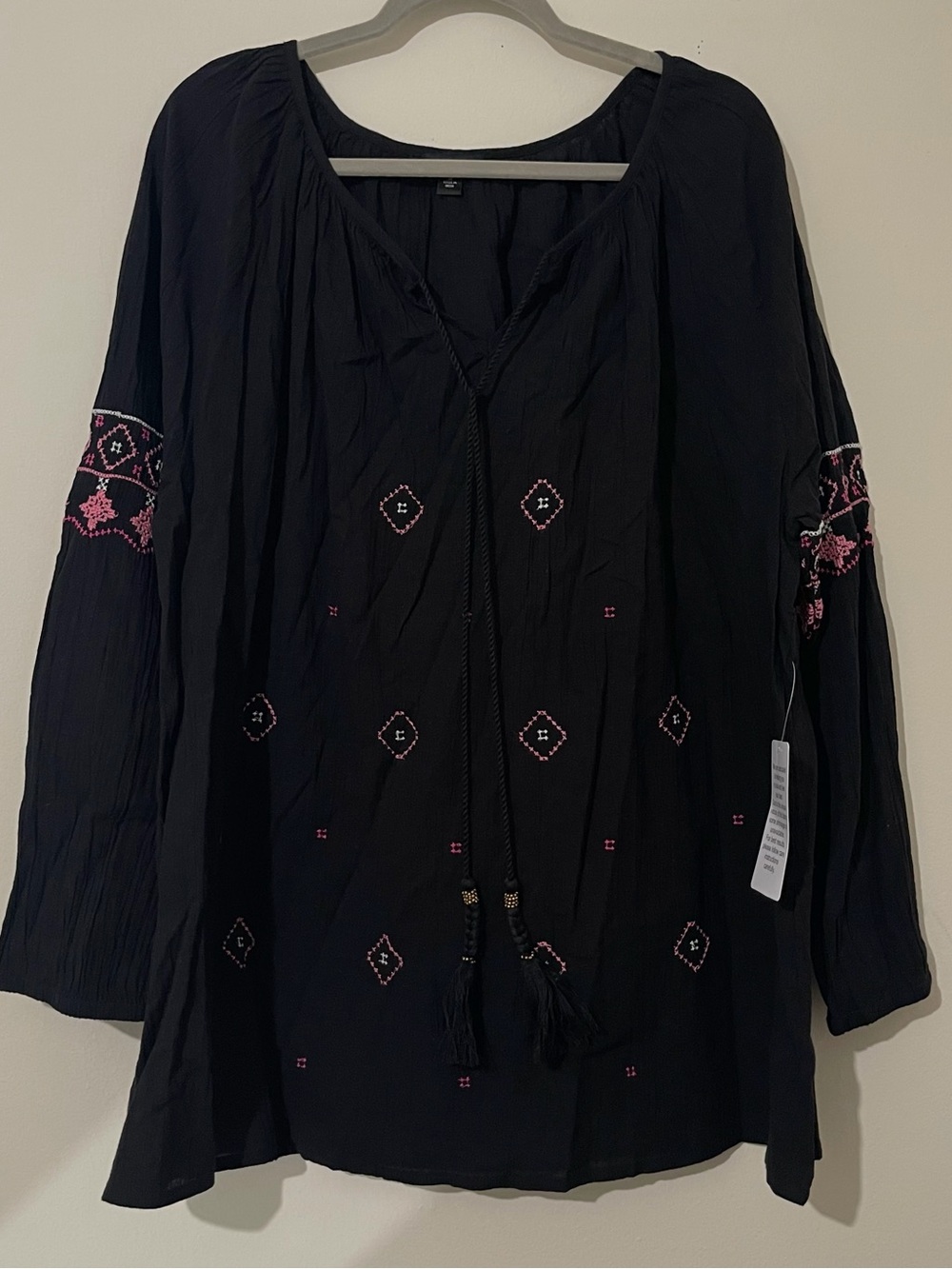NWT Ellos Black Embroidered Peasant Blouse with Pink Accents Size 22
